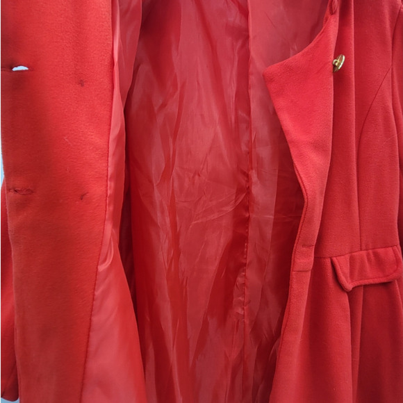 Shi Long Fashion Vintage Red double breasted Faux Fur Collar Peplum Swing Coat - Picture 11 of 14